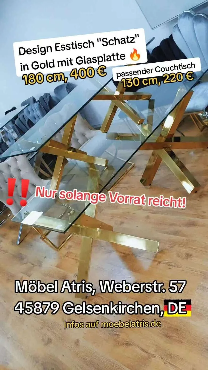 Design Esstisch "Schatz" 180x90 Glasplatte Gold Esszimmer