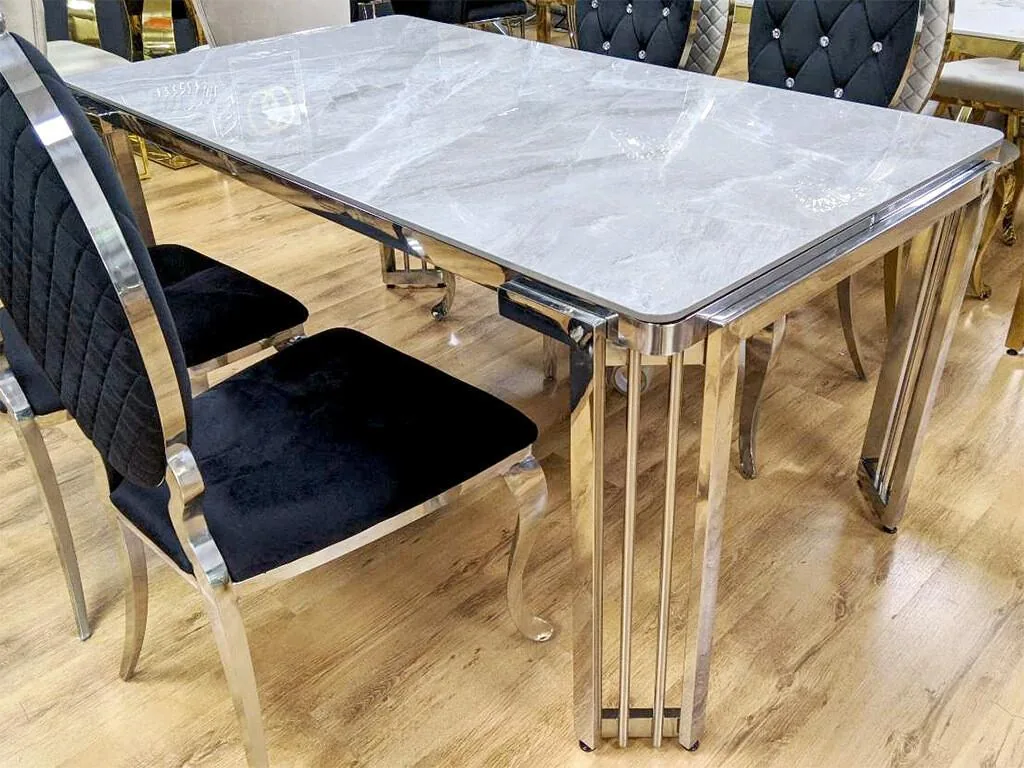 Design Esstisch "Jana" 160 & 180 cm in Weiss-Gold & Grau-Silber
