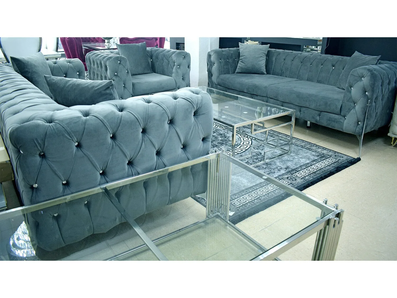 Chesterfield Sofa 3-3-1 "Kent 4" Grau Silber Couch Garnitur