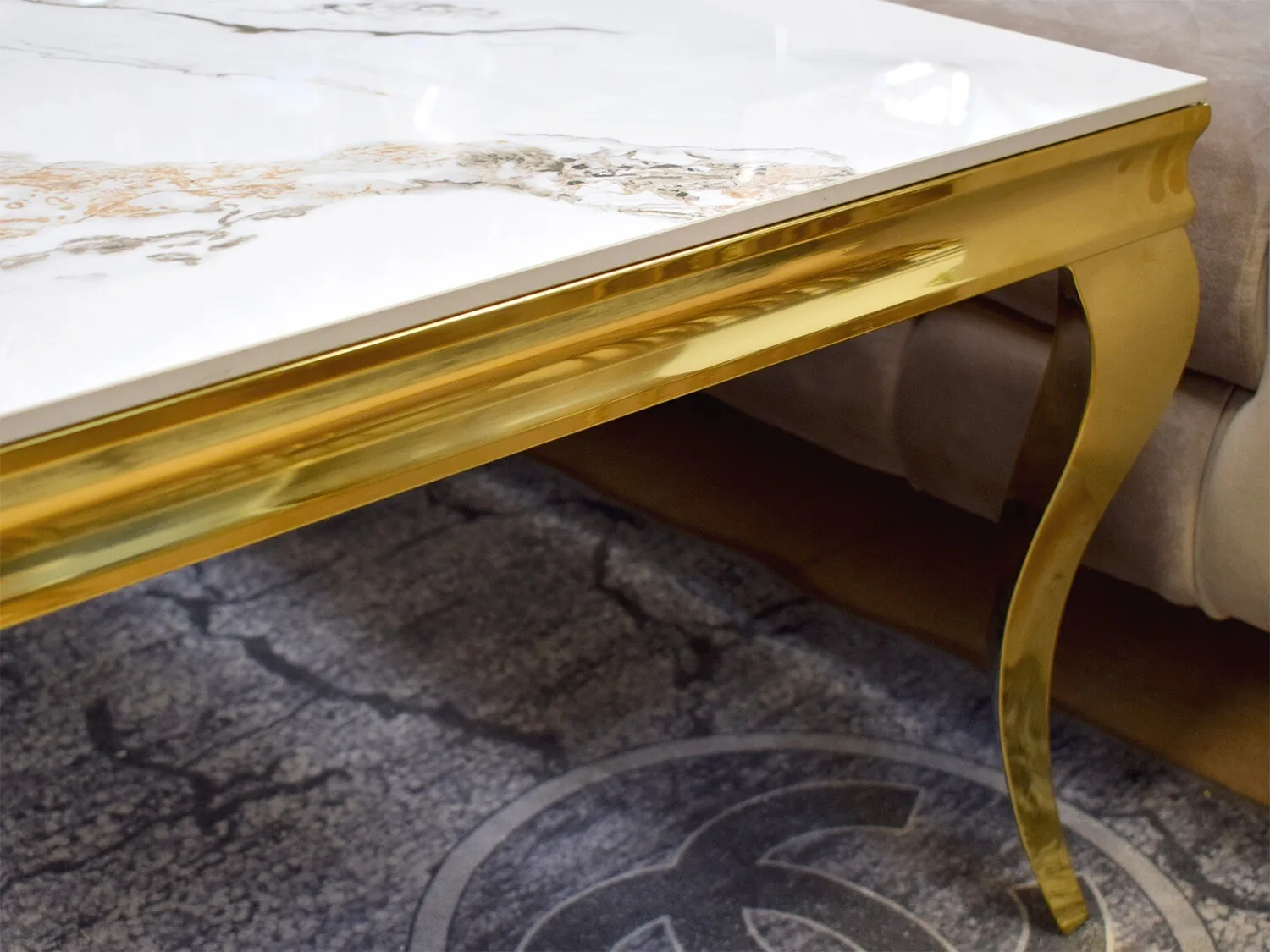 XL Couchtisch "Ayla" 150 cm Weiss Gold Marmor-Design Wohnzimmer