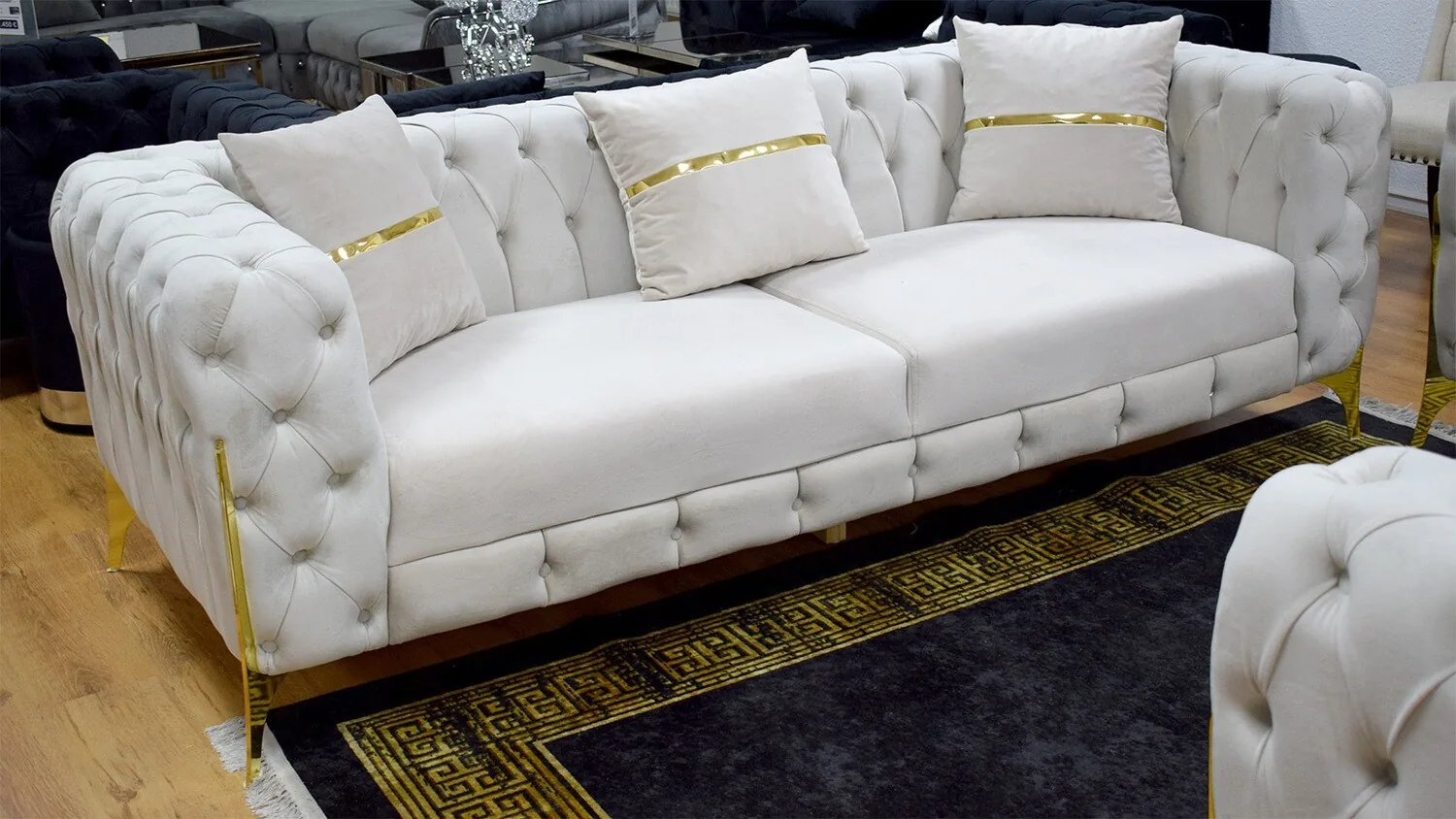 Chesterfield Sofa  "Kent 3" 3-2-1 Beige Gold Couch Garnitur
