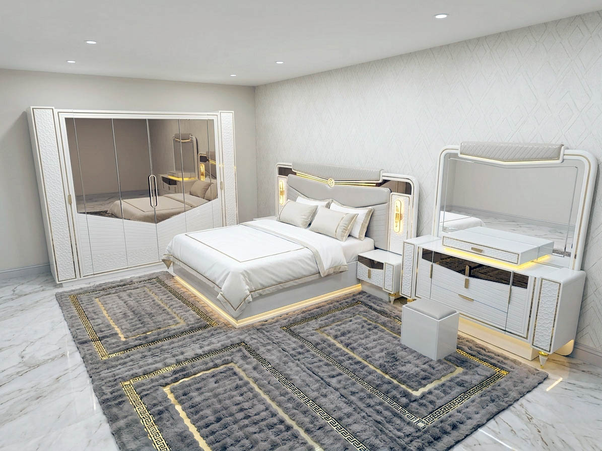 Schlafzimmer Set "Dubai" Bett Kleiderschrank Schminktisch LED
