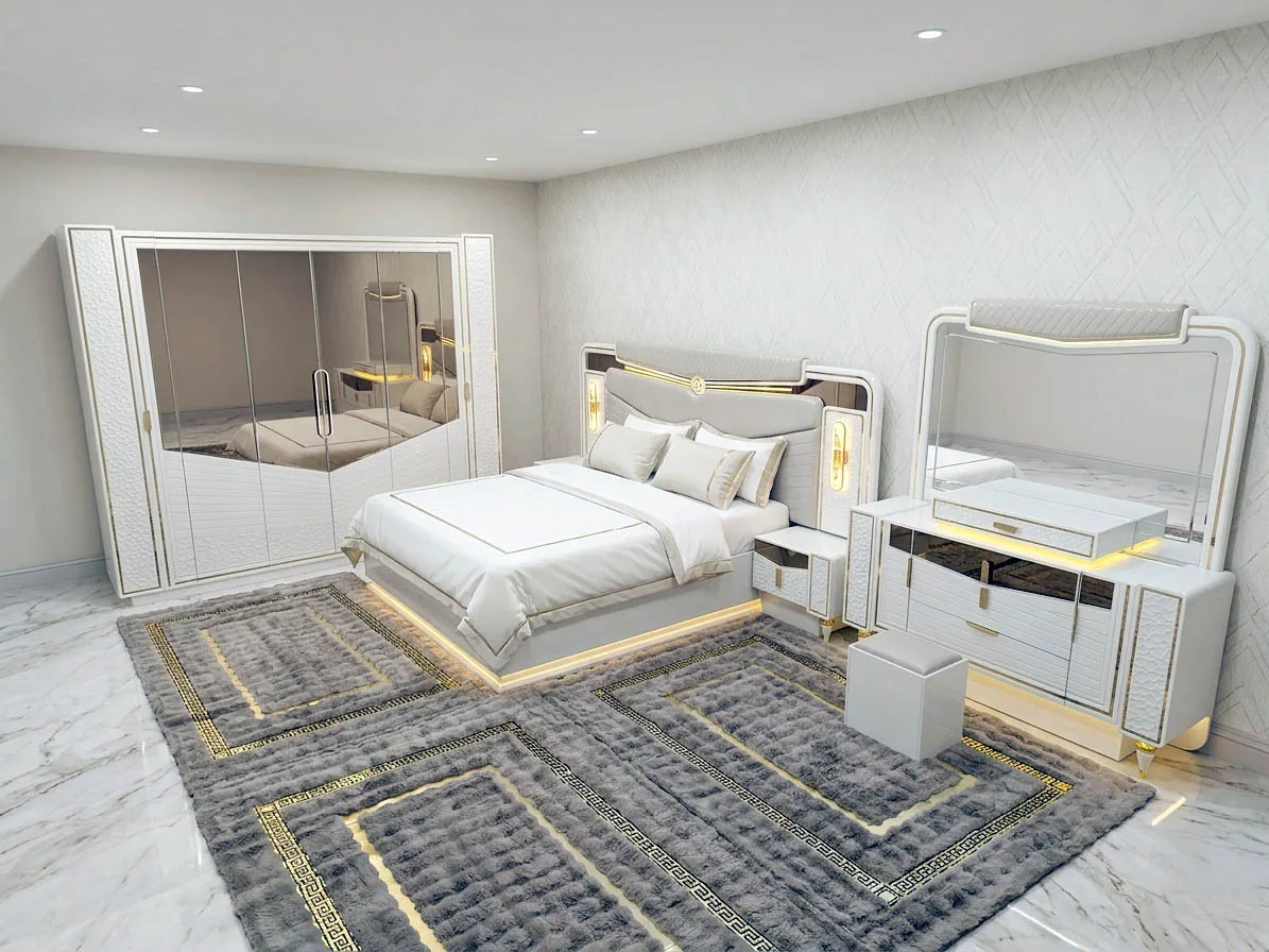 Schlafzimmer Set "Dubai" Bett Kleiderschrank KSchminktisch LED