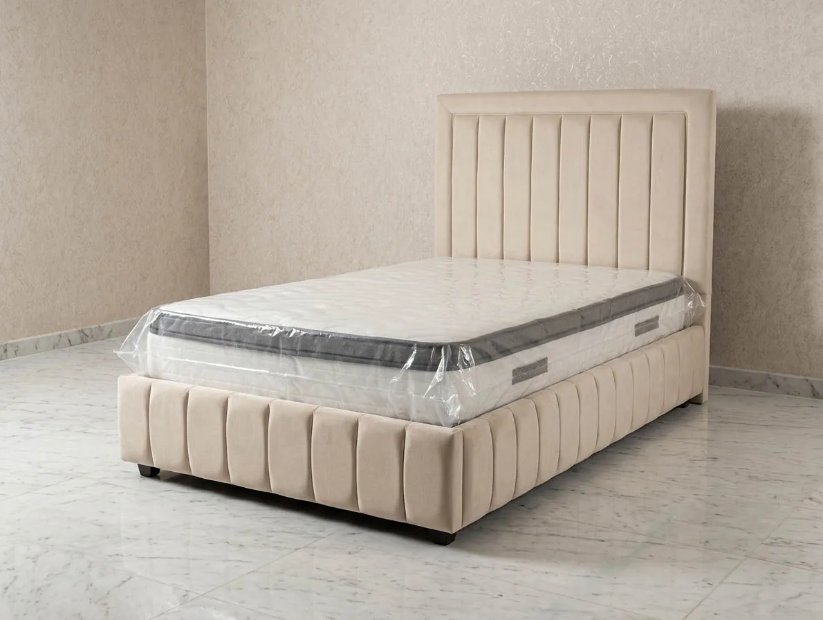 Design Einzelbett 100x200 "Rhodos" Grau & Beige + Matratze + Stauraum