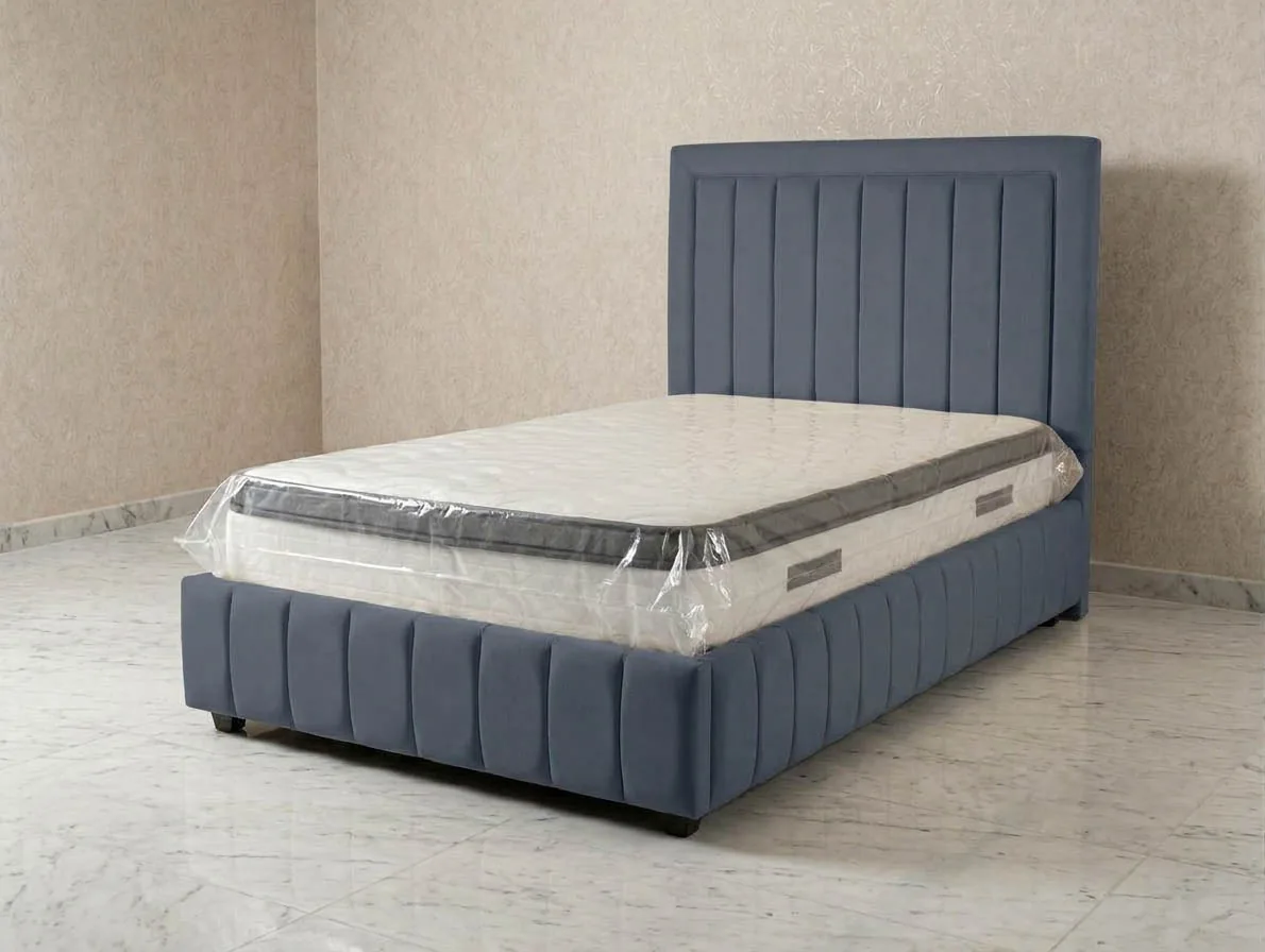 Design Einzelbett 100x200 "Rhodos" Grau & Beige + Matratze + Stauraum