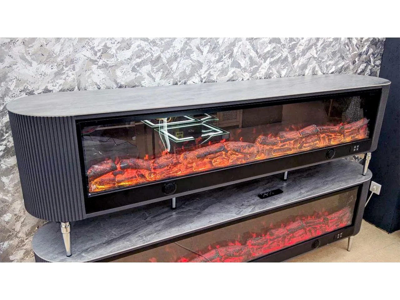 TV Lowboard Kamin "Timo" 200 cm Schwarz Grau Wohnzimmer