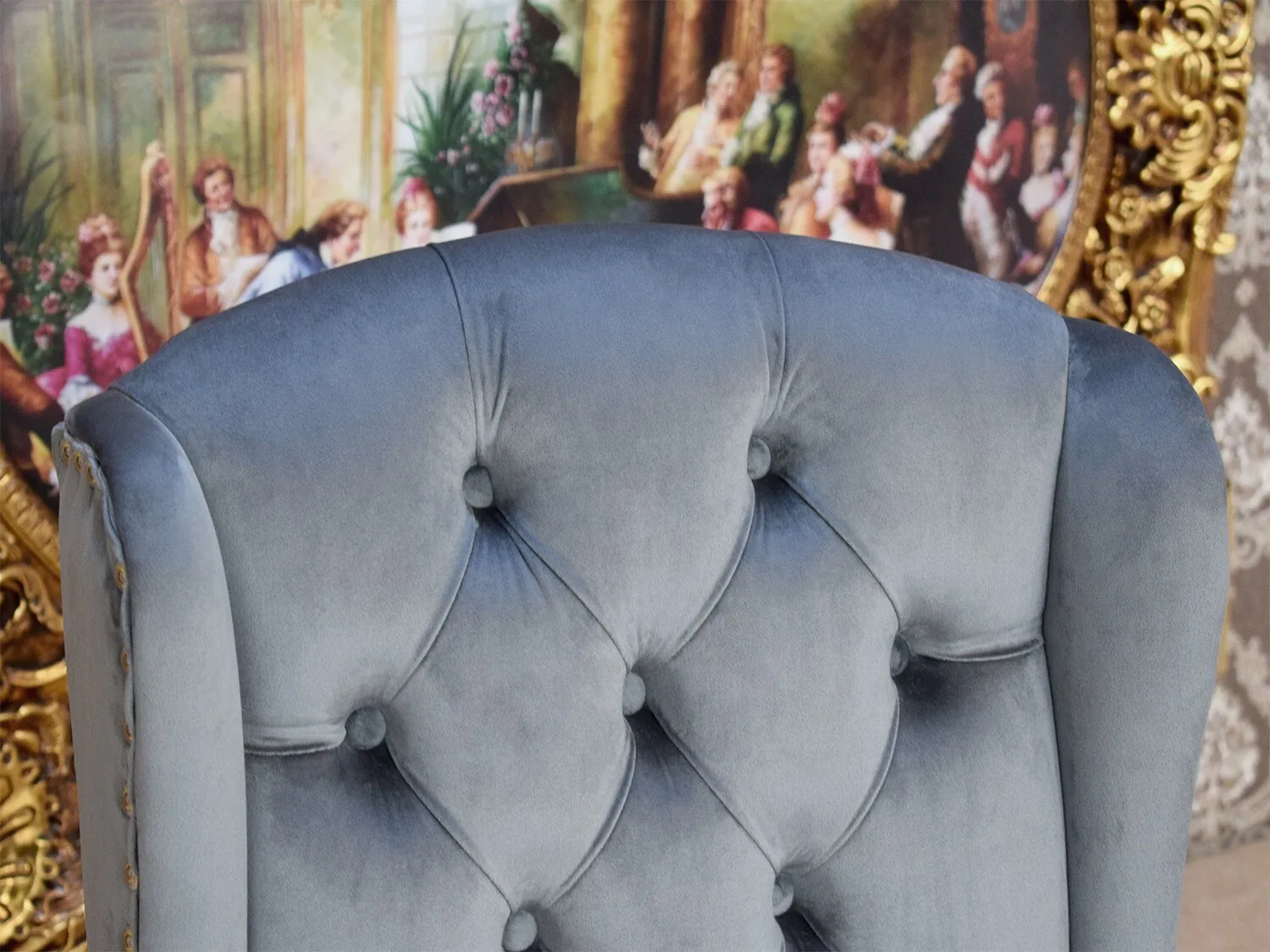 Luxus Chesterfield Stuhl "Nizza" Grau Silber Löwe Esszimmer