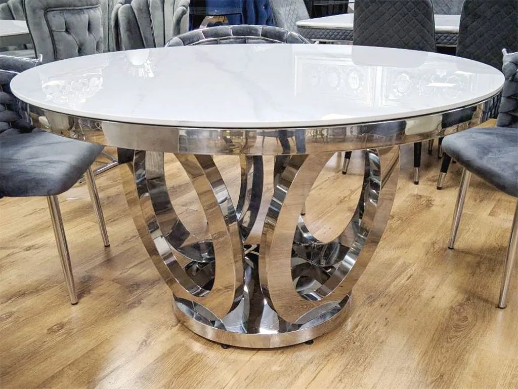 Design Esstisch Rund "Gloria" Ø ca. 130 cm Weiss Silber Marmor-Optik