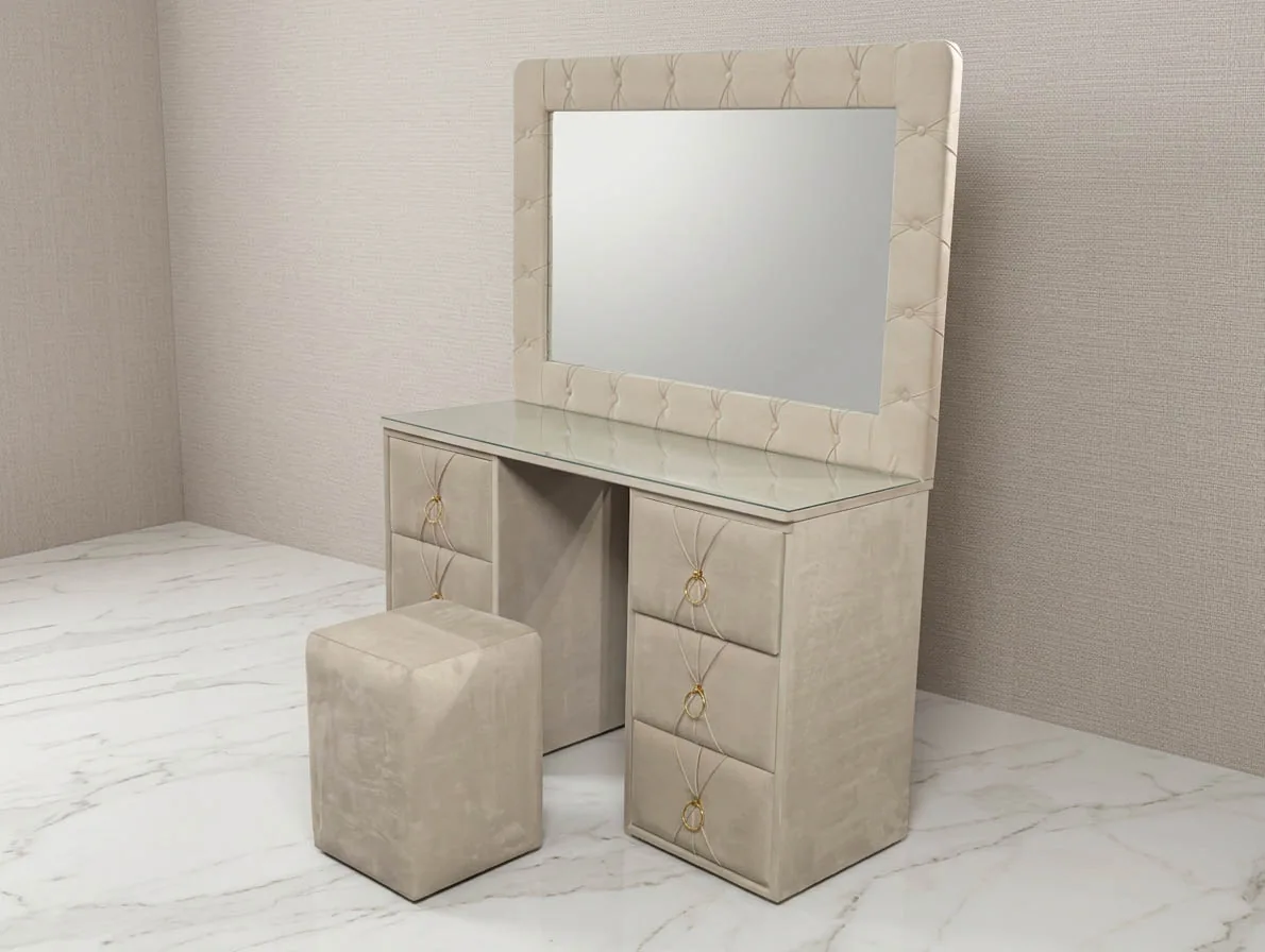Chesterfield Schminkkonsole "Rose" Beige & Grau Spiegel Hocker Schubladen Kommode