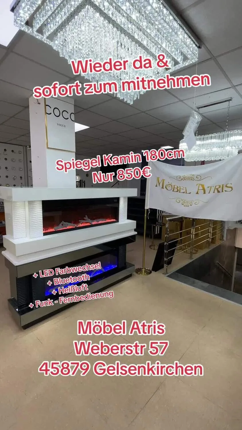 Lowboard Spiegel Kamin "Dana" 180 cm 200 cm Farbauswahl Heizfunktion LED