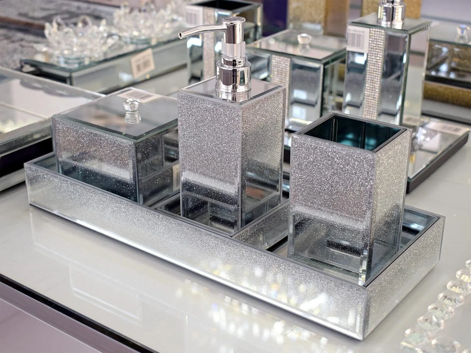 Badezimmer Set Dekoration Spiegel Strass Glitzer Silber Glas