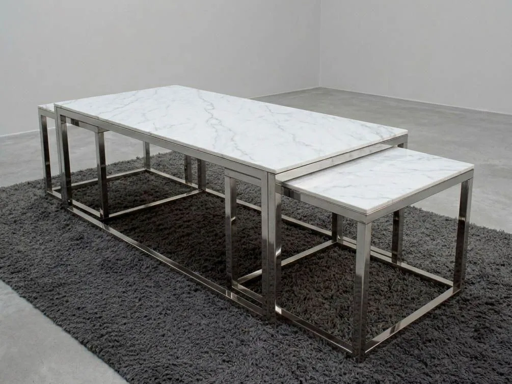 Couchtisch + 2 Beisteller "Tom" Weiss Silber Marmor-Design Wohnzimmer