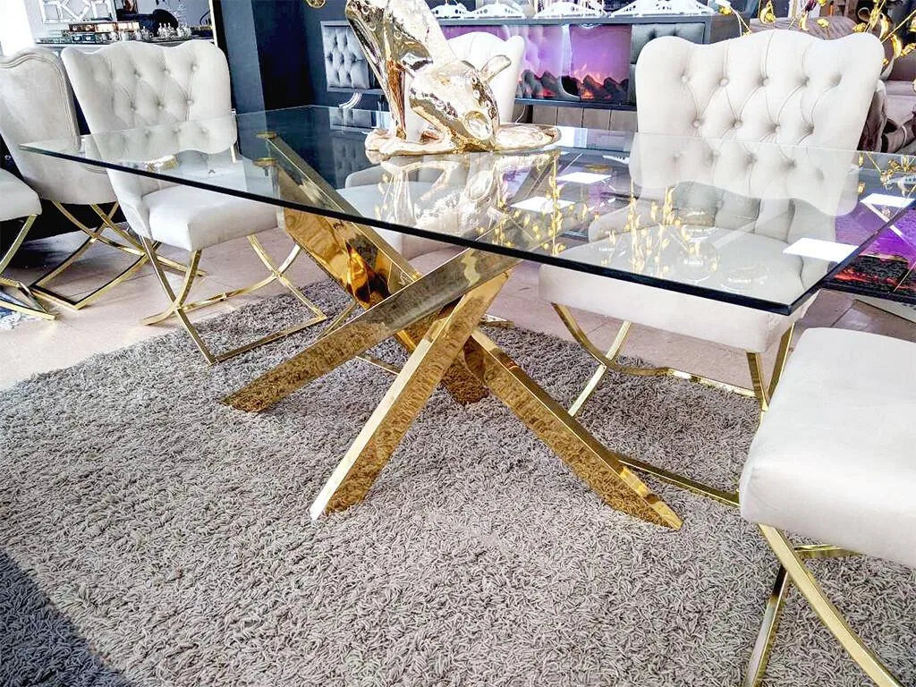 Design Esstisch "Ava" 180x90 Glasplatte Gold Esszimmer