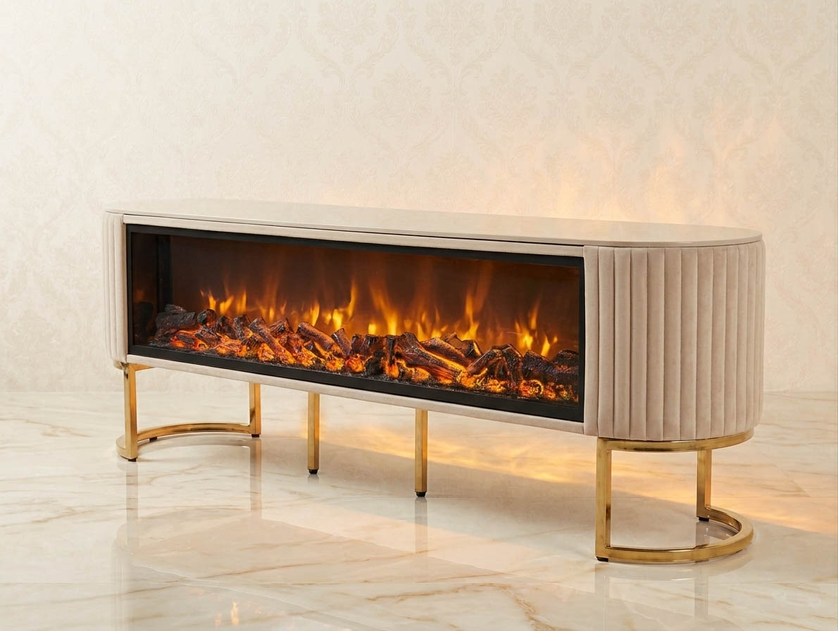 Design Kamin Lowboard Beige Gold "Panorama" Wohnzimmer