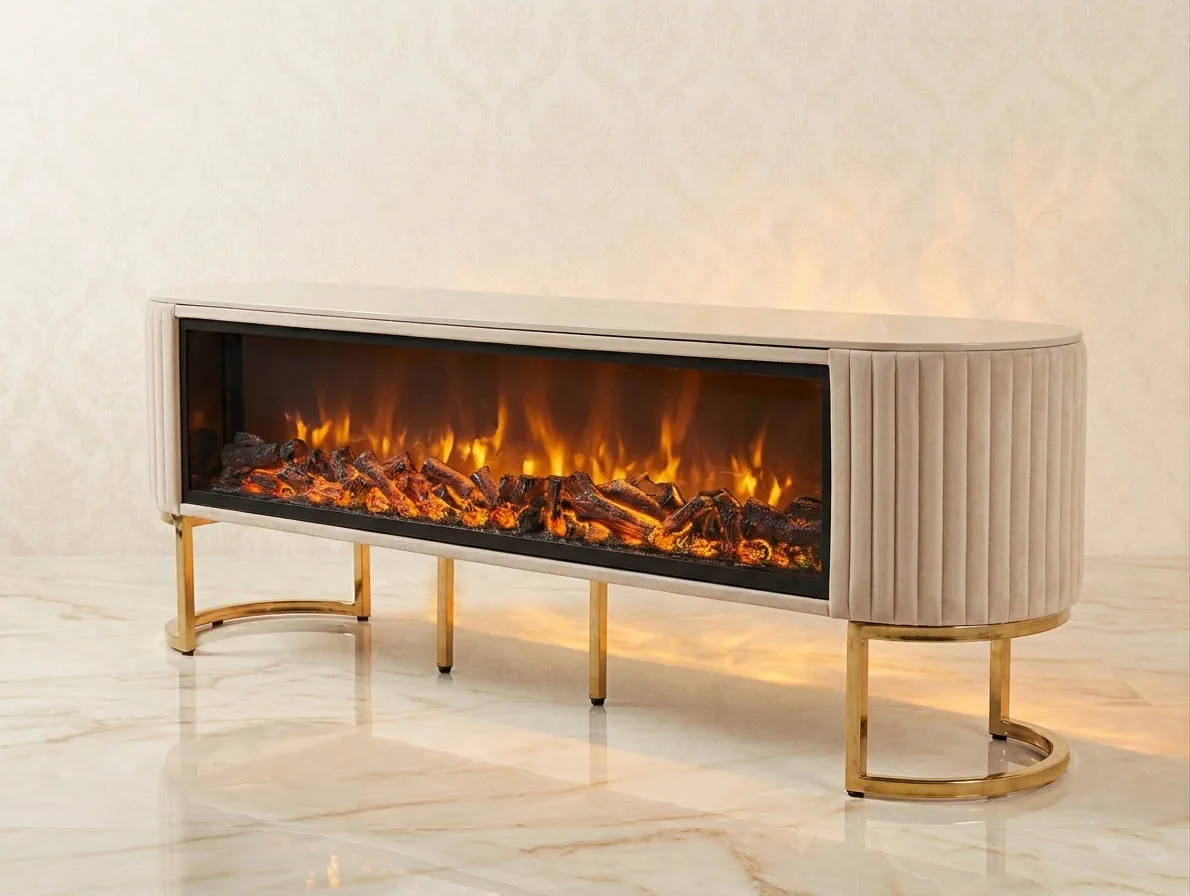 Design Kamin Lowboard Beige Gold "Panorama" Wohnzimmer