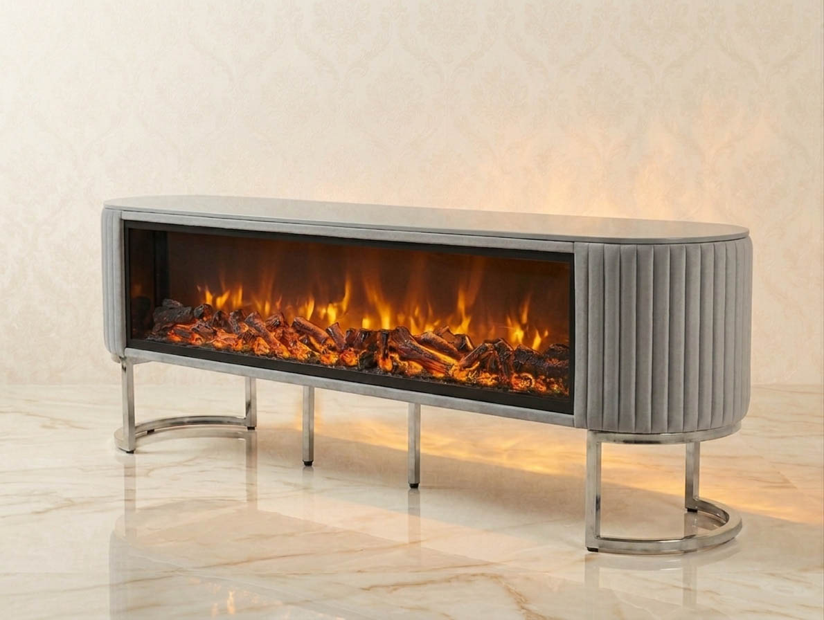 Design Kamin Lowboard Beige Gold "Panorama" Wohnzimmer