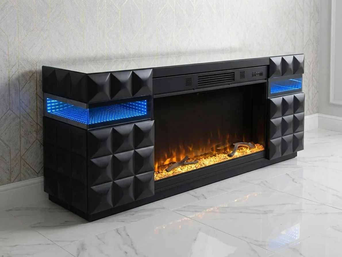 Kamin TV Lowboard "Layla" Schwarz mit LED Heizfunktion Sideboard Bluetooth Lautsprecher