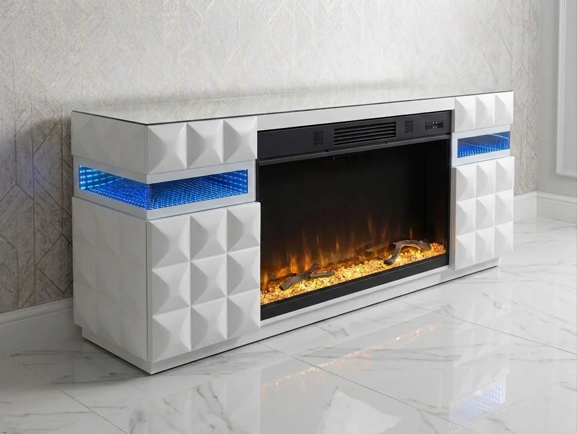Kamin TV Lowboard "Layla" Weiss mit LED Heizfunktion Sideboard Bluetooth Lautsprecher