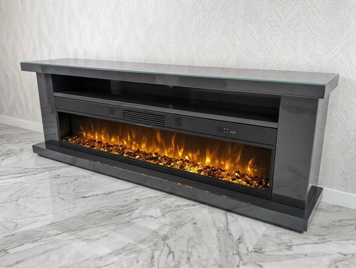 Kamin TV Lowboard "Nina" Schwarz mit LED Heizfunktion Sideboard Bluetooth Lautsprecher