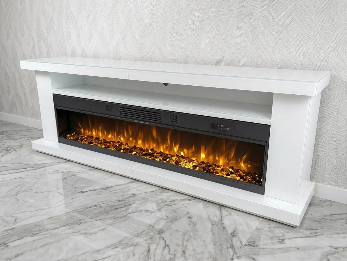Kamin TV Lowboard "Nina" Weiss mit LED Heizfunktion Sideboard Bluetooth Lautsprecher