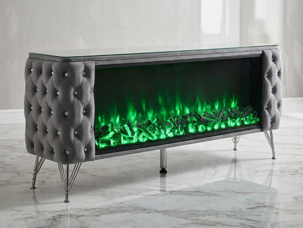 Chesterfield LED Kamin TV-Lowboard 200 cm Bluetooth Lautsprecher Farbauswahl "Azar" Wohnzimmer