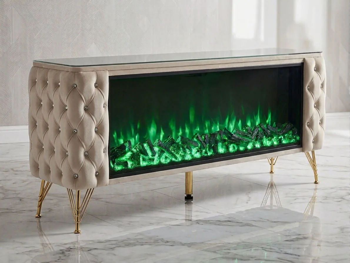 Chesterfield LED Kamin TV-Lowboard 200 cm Bluetooth Lautsprecher Farbauswahl "Azar" Wohnzimmer