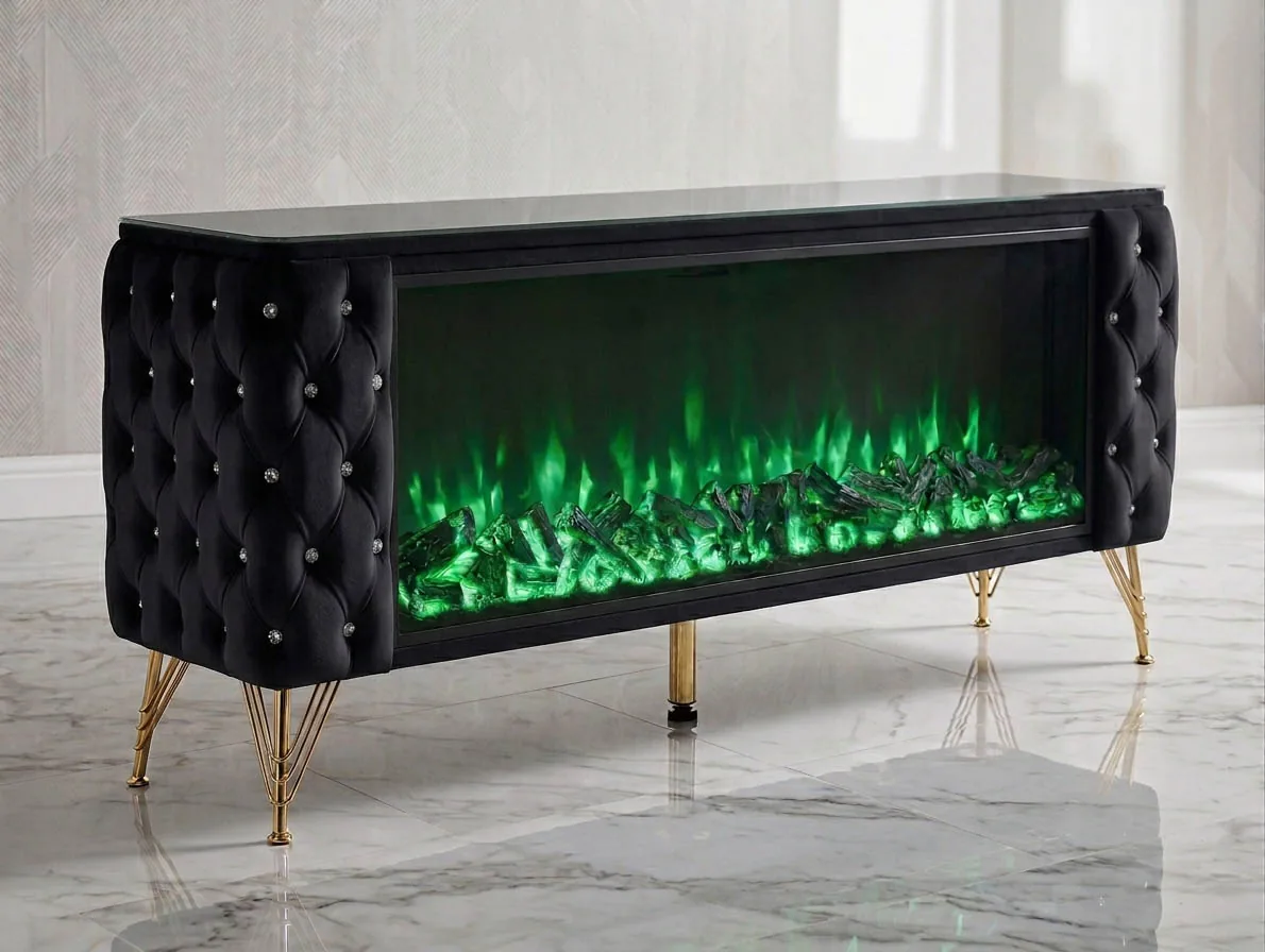 Chesterfield LED Kamin TV-Lowboard 200 cm Bluetooth Lautsprecher Farbauswahl "Azar" Wohnzimmer
