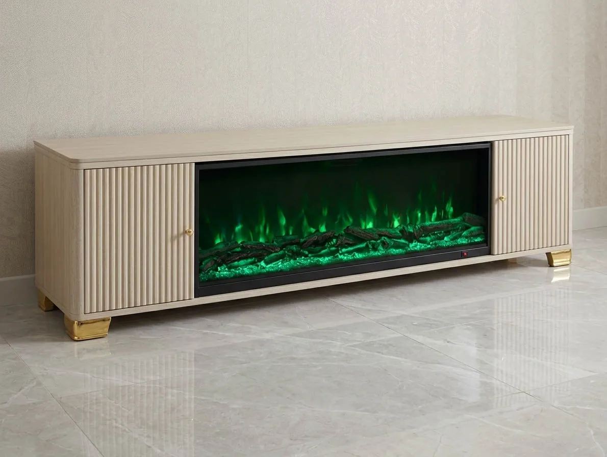 Lowboard LED Deko-Kamin "Kuba" Beige & Grau 200 cm mit Schrankfächer