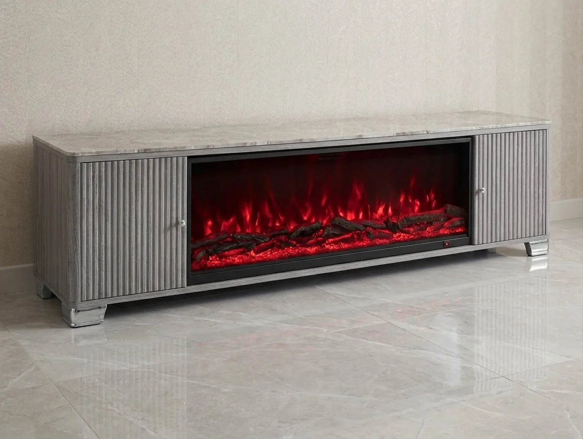 Lowboard LED Deko-Kamin "Kuba" Beige & Grau 200 cm mit Schrankfächer
