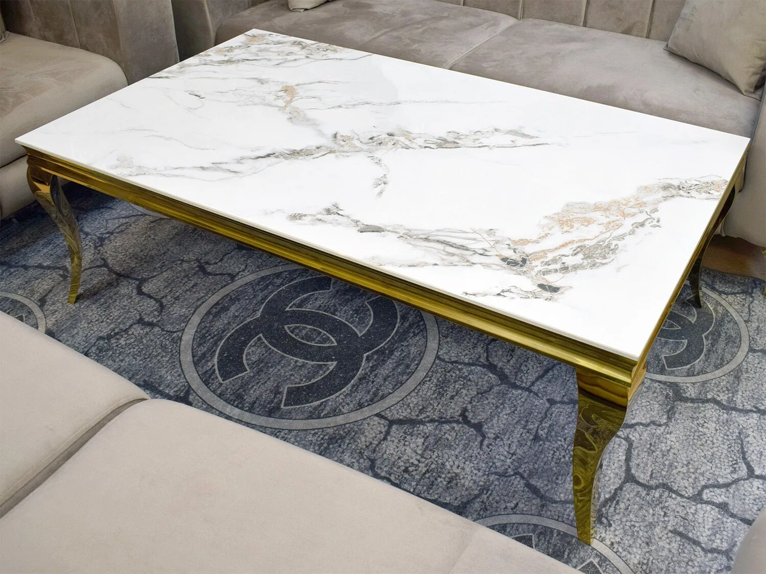 XL Couchtisch "Ayla" 150 cm Weiss Gold Marmor-Design Wohnzimmer