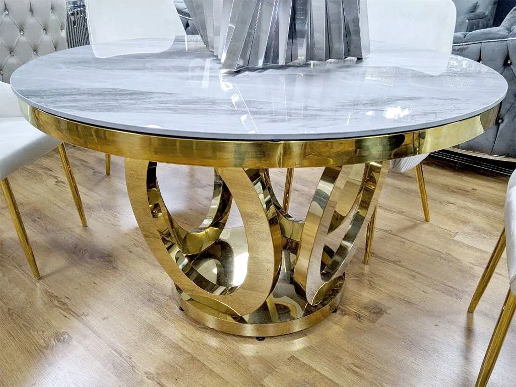 Design Esstisch Rund "Gloria" Ø ca. 130 cm Grau Gold Marmor-Optik