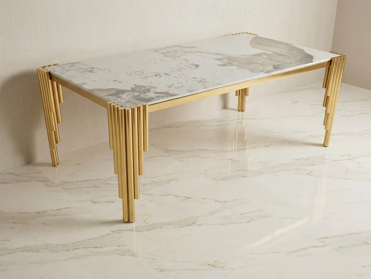 Design Couchtisch "Piano" Weiss Gold Marmor-Design Wohnzimmer