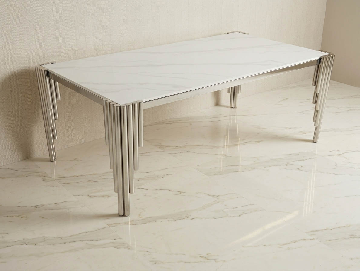 Design Couchtisch "Piano" Weiss Silber Marmor-Design Wohnzimmer