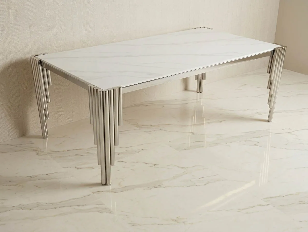 Design Couchtisch "Piano" Weiss Silber Marmor-Design Wohnzimmer