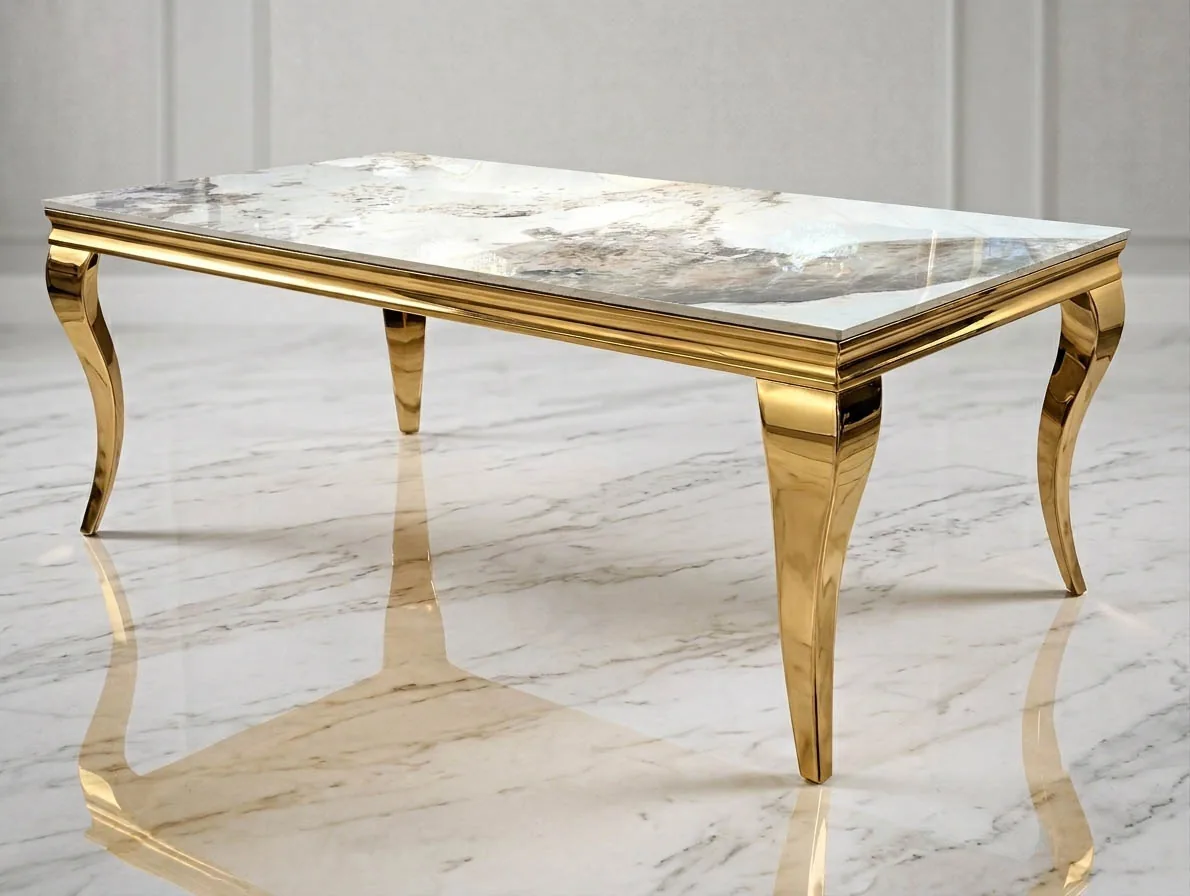 Couchtisch "Ayla" 130 cm Weiss Gold Marmor-Design Wohnzimmer