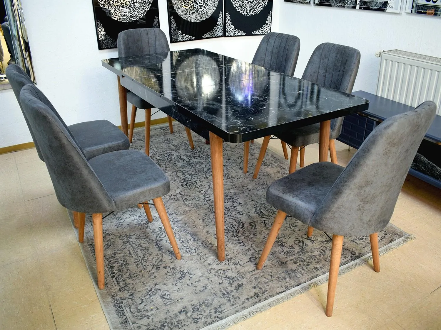 Esstisch + 6 Stühle "Maya" Ausfahrbar 130 -> 170 cm Schwarz Holz Marmor-Design