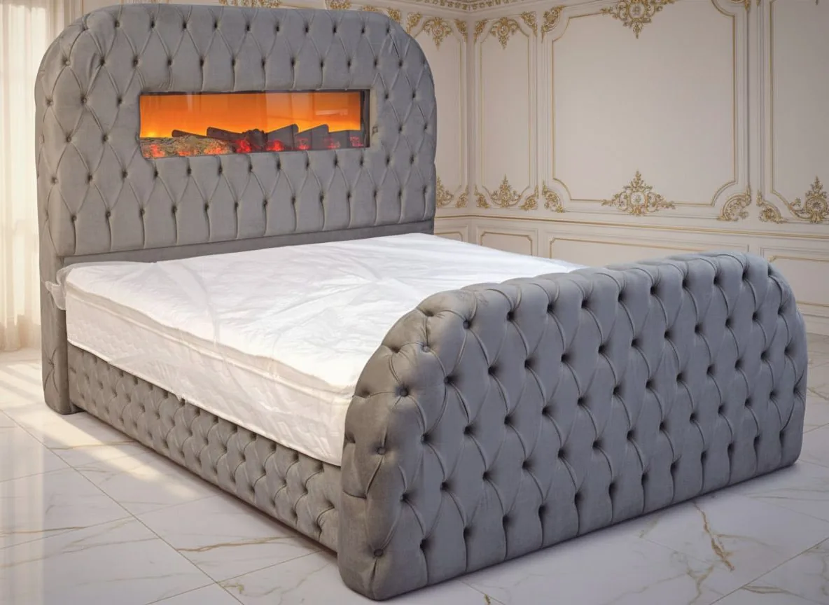 XL Chesterfield Bett "Rubin" Farbauswahl Deko-Kamin Matratze Bluetooth