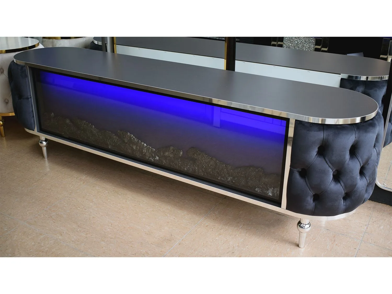 LED Chesterfield TV-Lowboard Deko Kamin "Hugo" 180 cm Grau / Silber