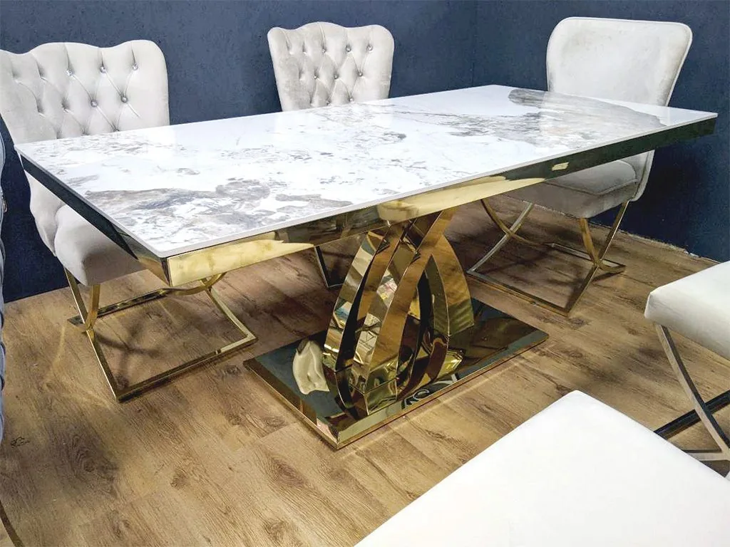 Design Esstisch "Star" 180x90 Weiss Gold Marmor-Optik Wohnzimmer
