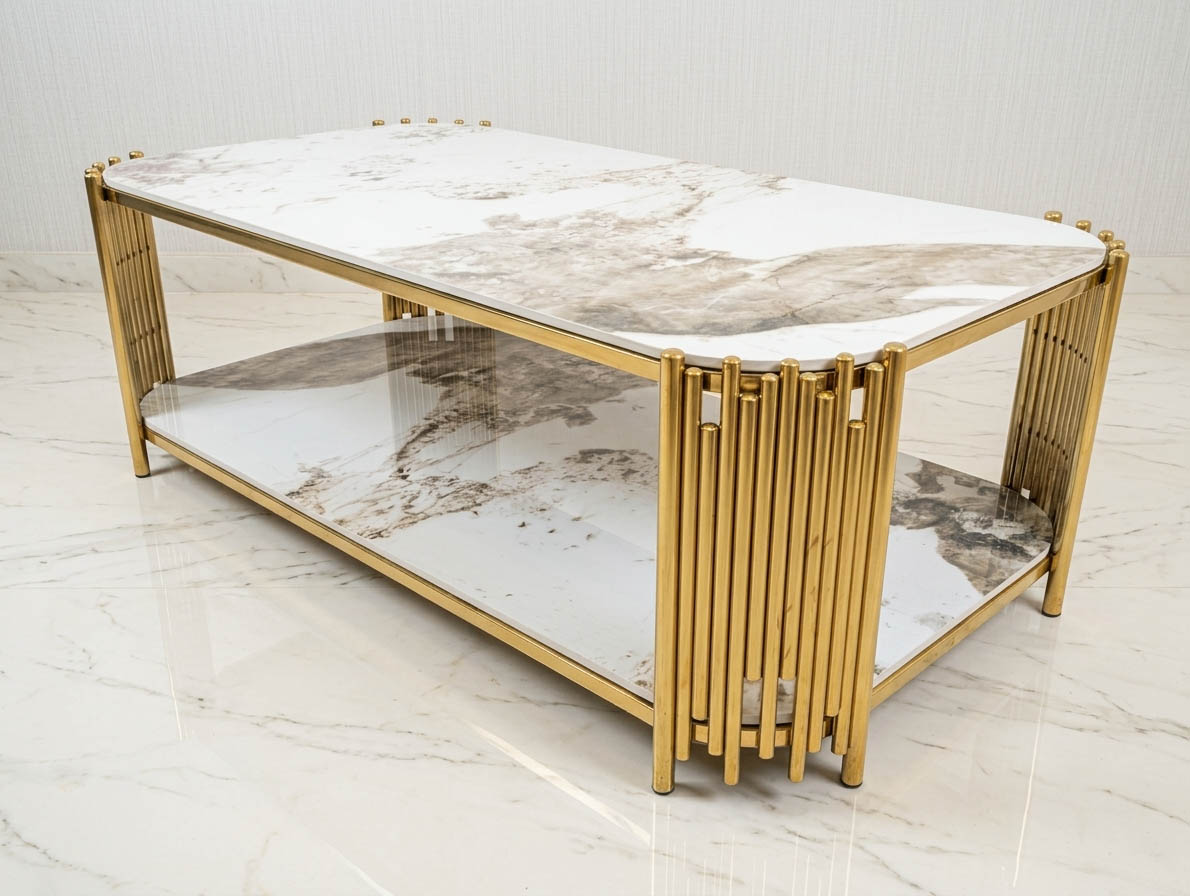 Couchtisch "Piano" Weiss Gold Marmor Design Ablage Wohnzimmer