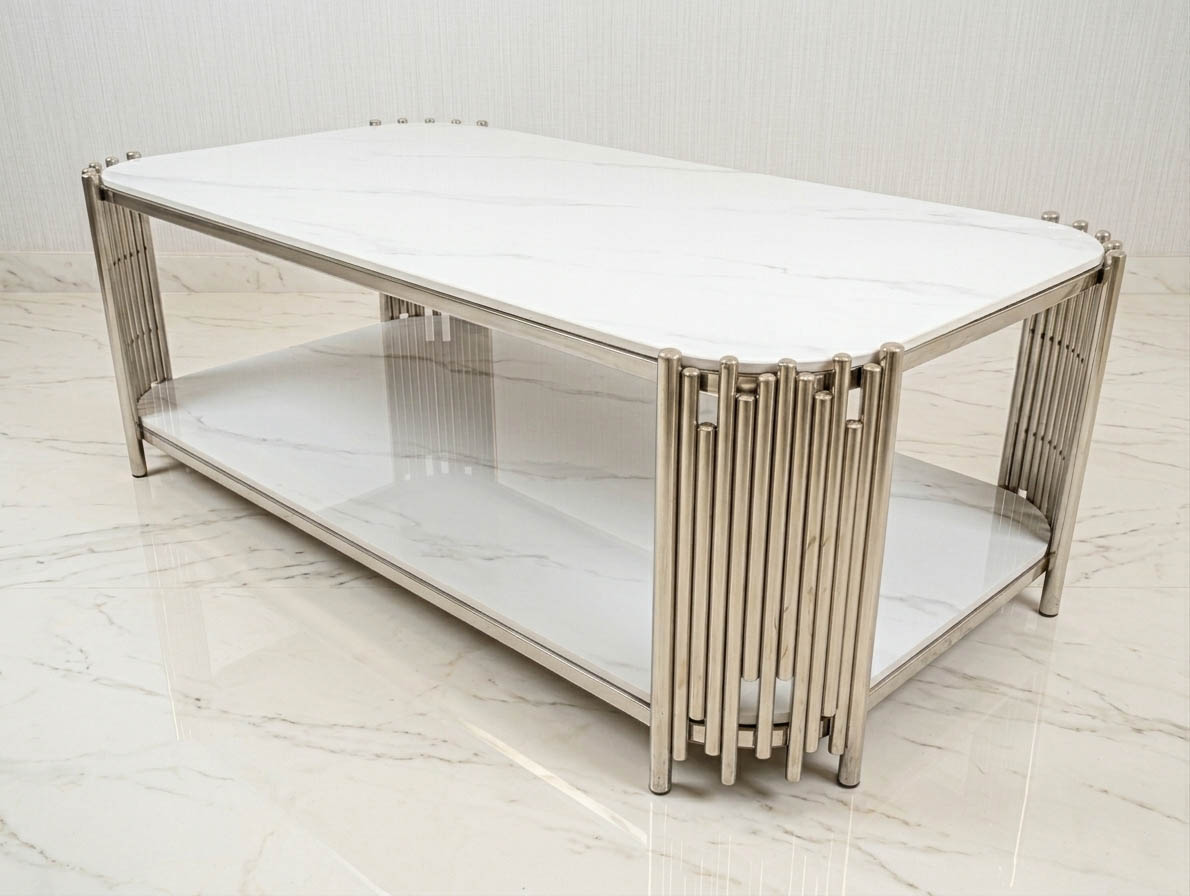 Couchtisch "Piano" Weiss Silber Marmor Design Ablage Wohnzimmer