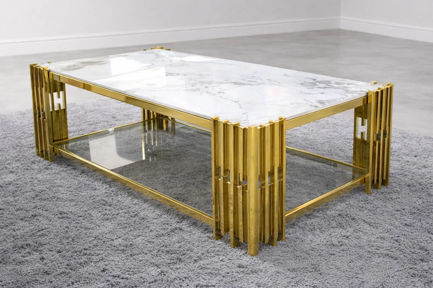 Design Couchtisch "Piano 2" 130x70 Weiss Gold Marmor-Design