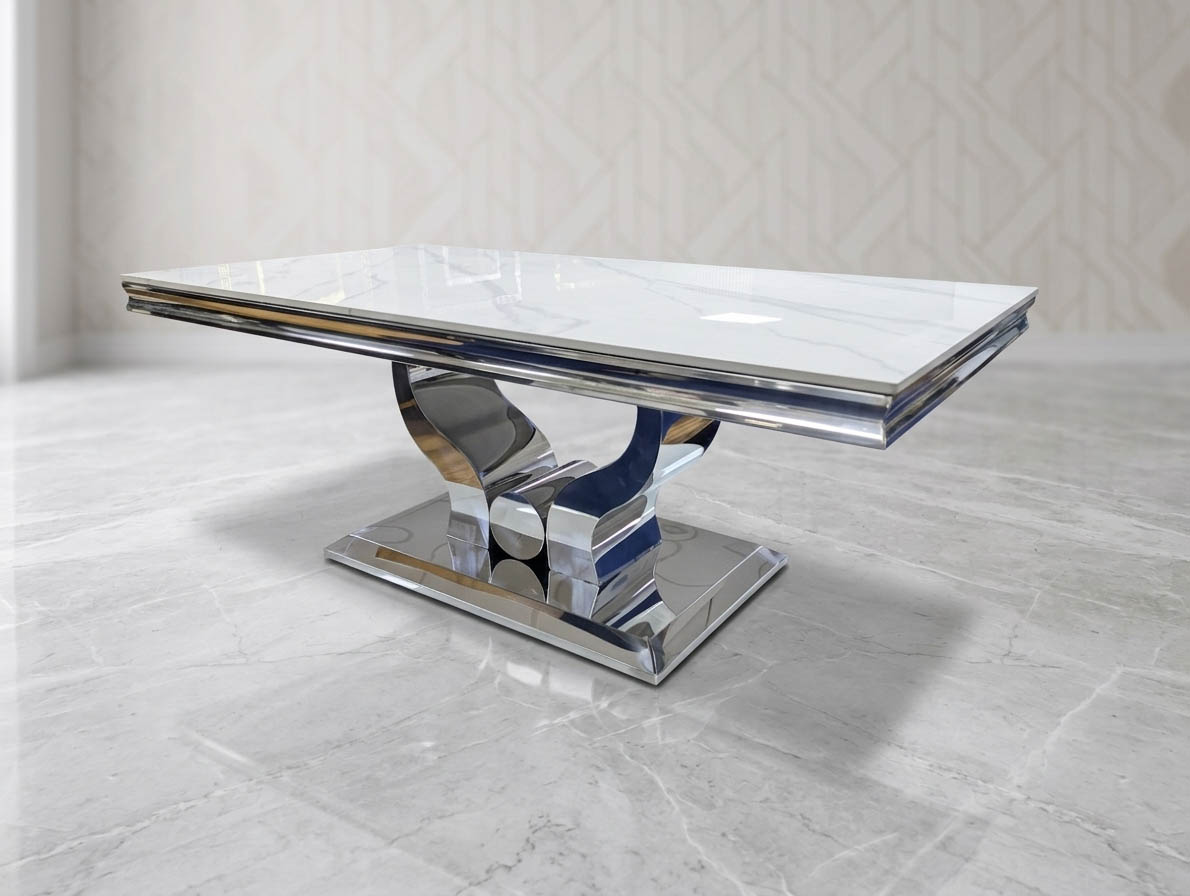 Design Couchtisch "Denver" 130x70 Weiss Silber Wohnzimmer
