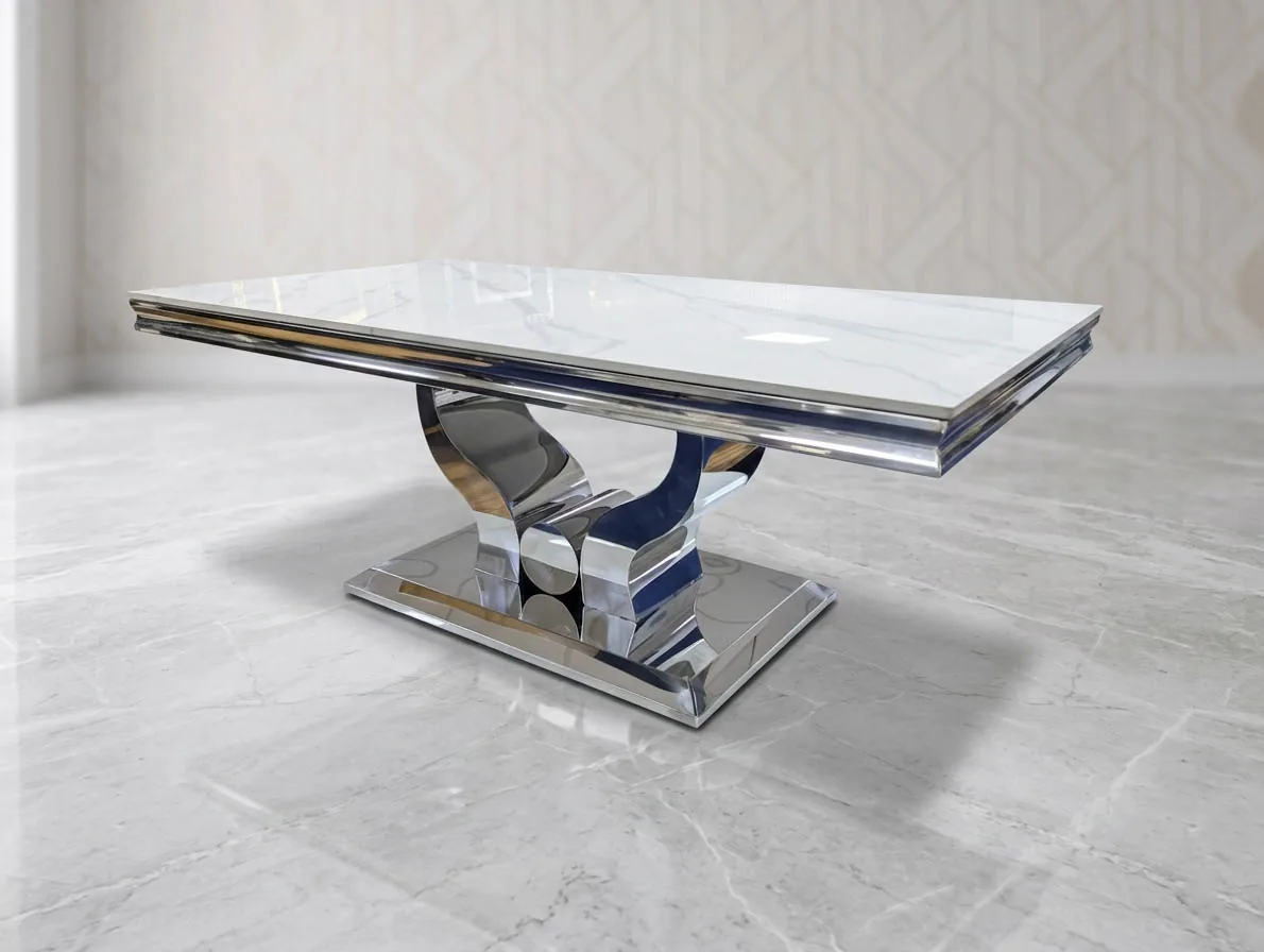 Design Couchtisch "Denver" 130x70 Weiss Silber Wohnzimmer