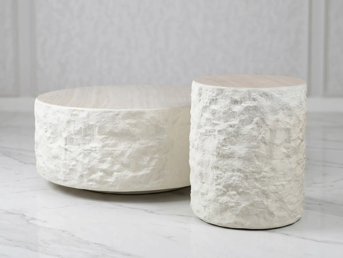 2er-Set Design Couchtisch "Bali" Weiss Wohnzimmer ⌀ 40 & 80 cm