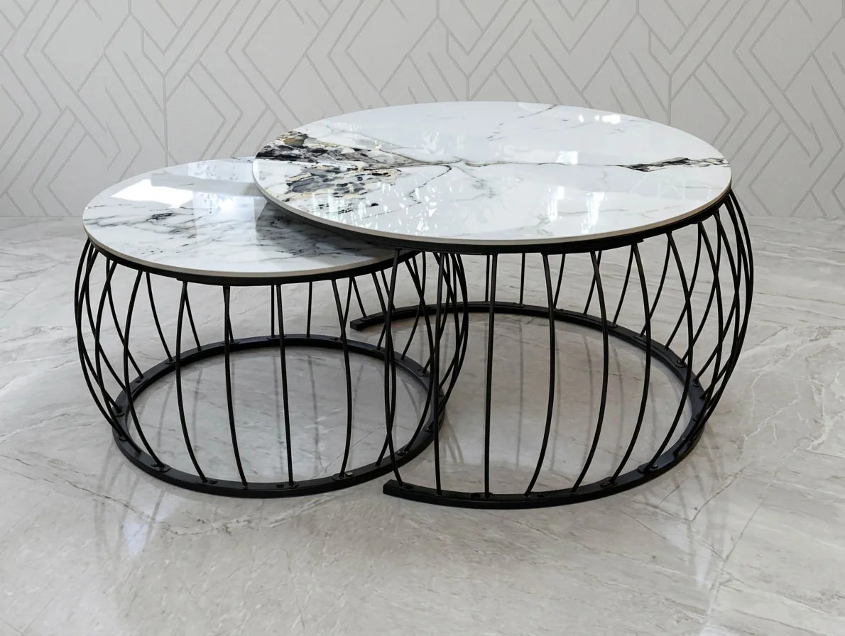 2er-Set Couchtisch "Anton" Schwarz Weiss Marmor-Design