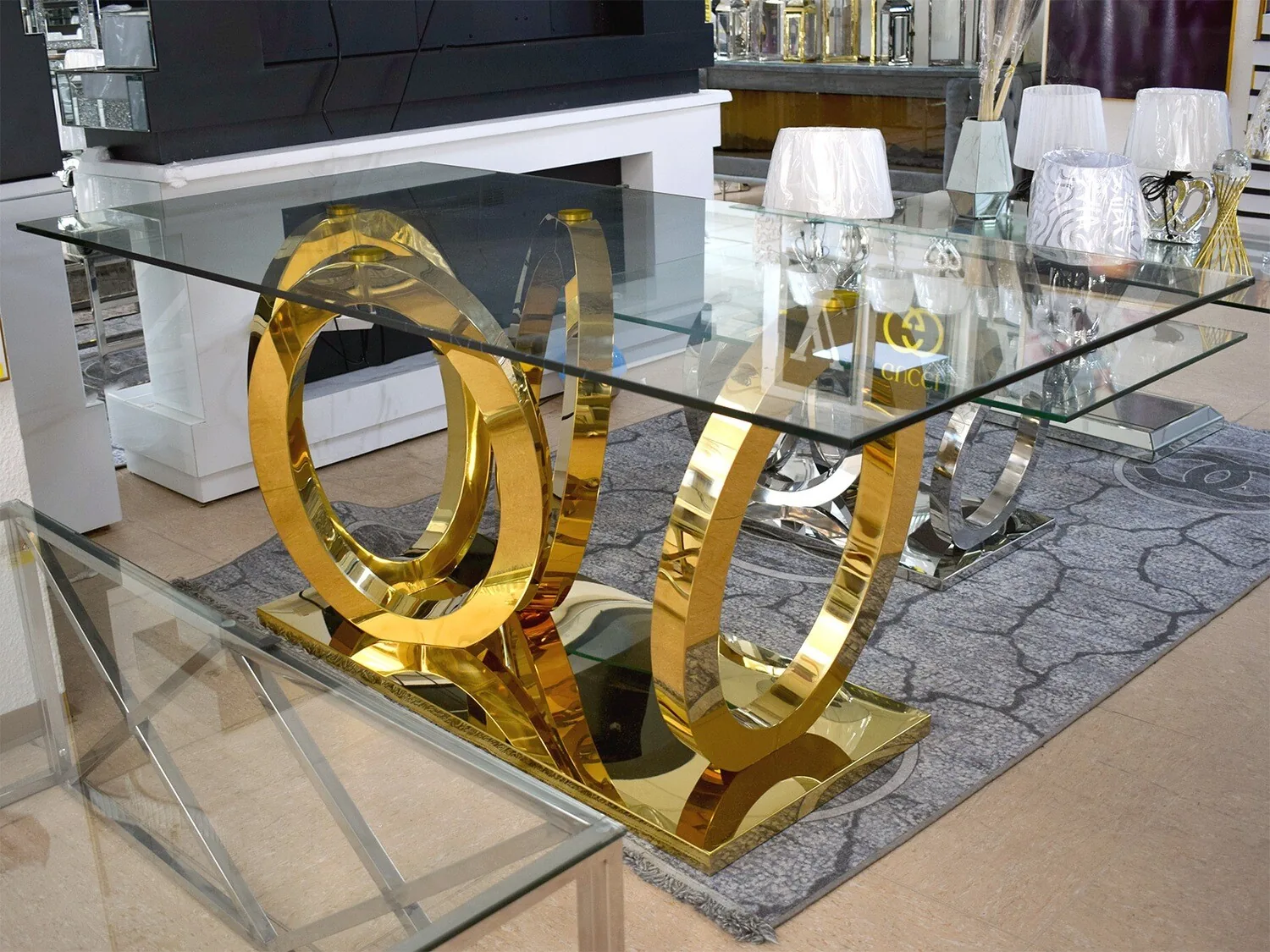Design Esstisch "Gloria" 180x90 Glasplatte Gold Esszimmer
