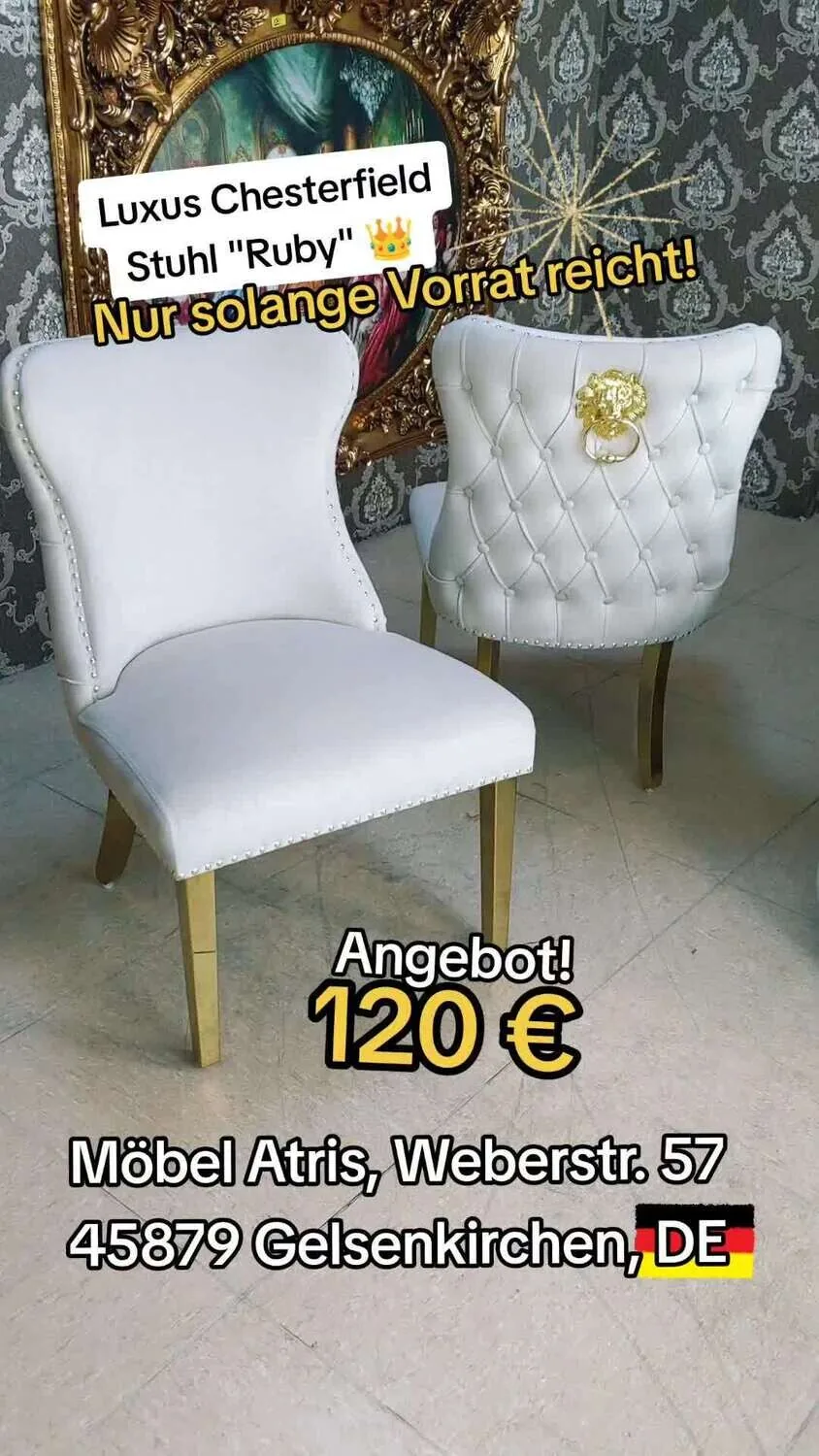 Luxus Chesterfield Stuhl "Ruby" Beige Gold Löwe Esszimmer