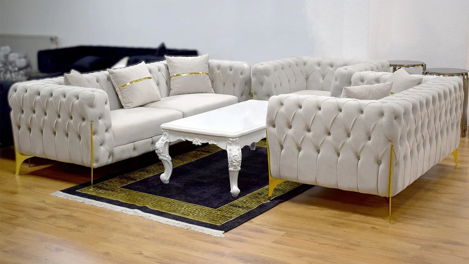 Chesterfield Sofa  "Kent 3" 3-2-1 Beige Gold Couch Garnitur