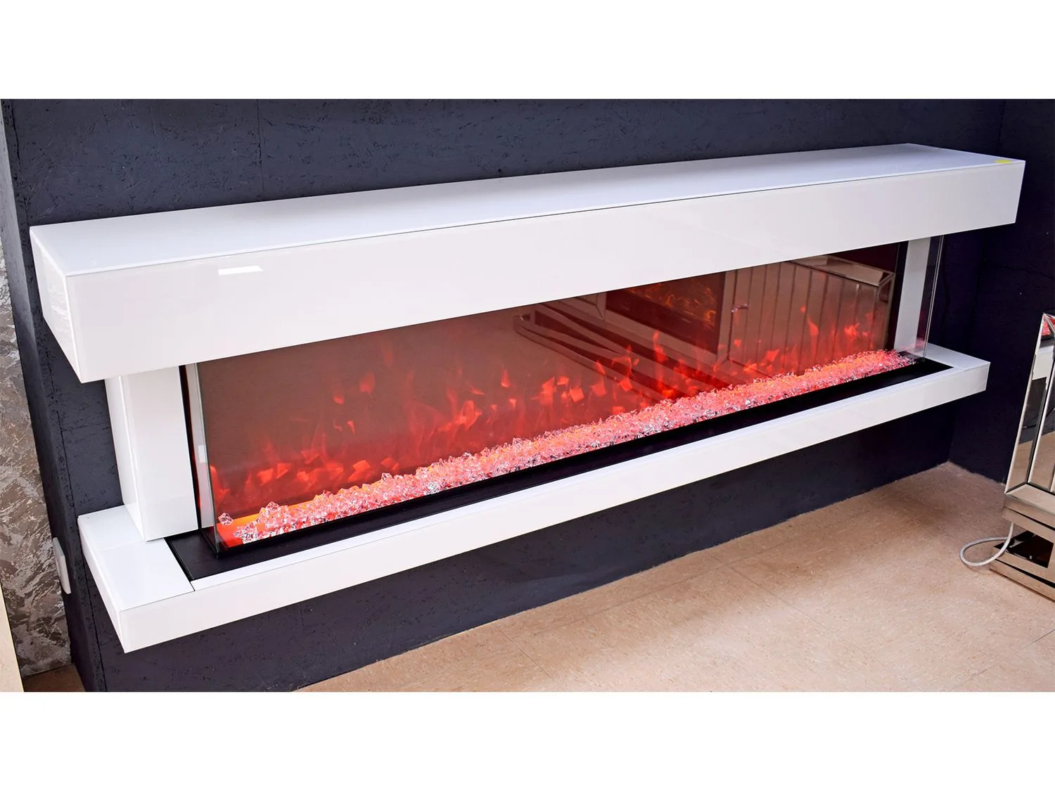 LED Deko-Hängekamin "Rima" 200 cm Spiegel Weiss Farbwechsel Heizfunktion